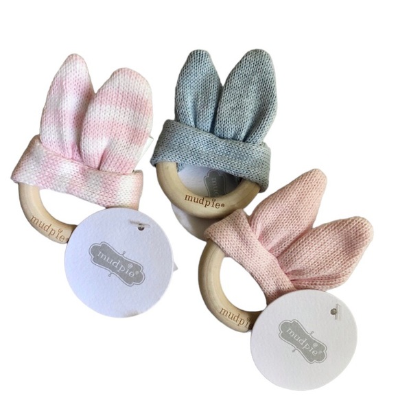 MUD PIE Wooden Teething Ring w/ Knit Bunny Ears - Picture 6 of 6